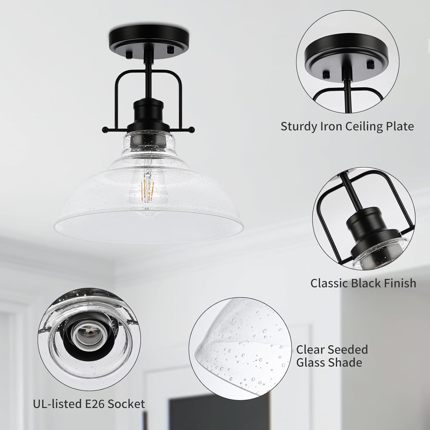 WILON Rustic Farmhouse Ceiling Light, Kitchen Lighting Fixtures Ceiling Lamp, Seeded Glass Ceiling Light, Semi Flush Mount Ceiling Lights for Sink Foyer Entryway Bathroom Laundry Room Hall Hallway