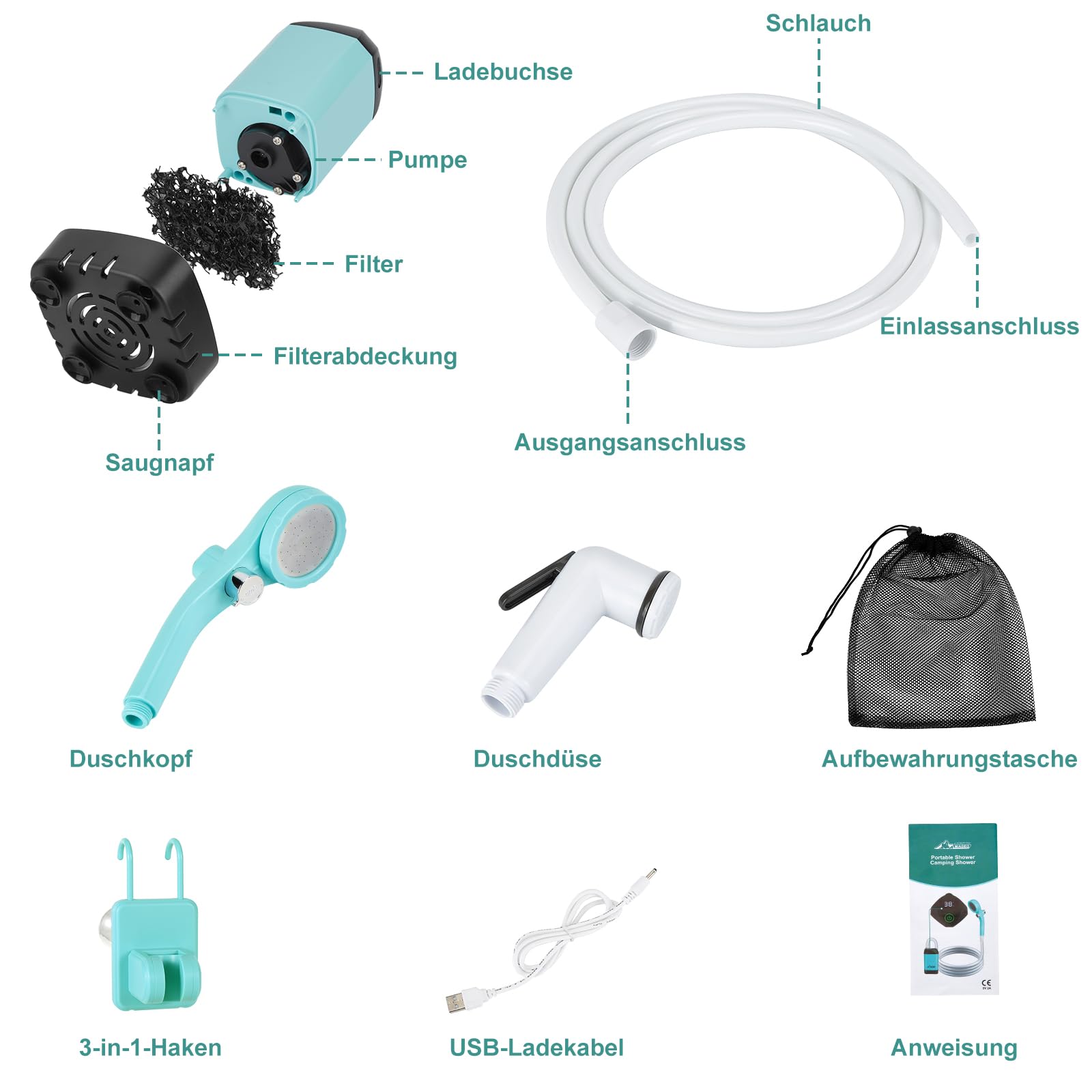 WADEO Tragbare Campingdusche Akku mit Pumpe, Camping Dusche Outdoor mit wiederaufladbarem 6000-mAh-Akku, Mobile Duschen Außenduschen mit Duschkopf und Schlauch, für Camping Reisen Garten Autowaschen