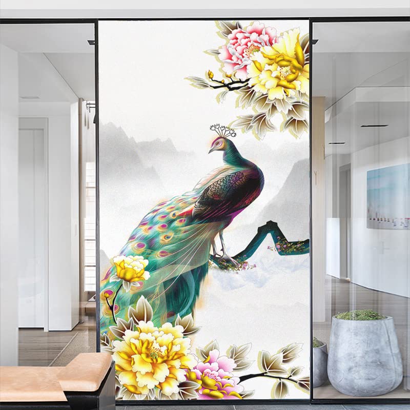 Peacock Series Decorative Privacy Window Film Frosted Glass Window Film Heat Control Glass Sticker for Home Office W16.5 x H47.2(42x120cm)