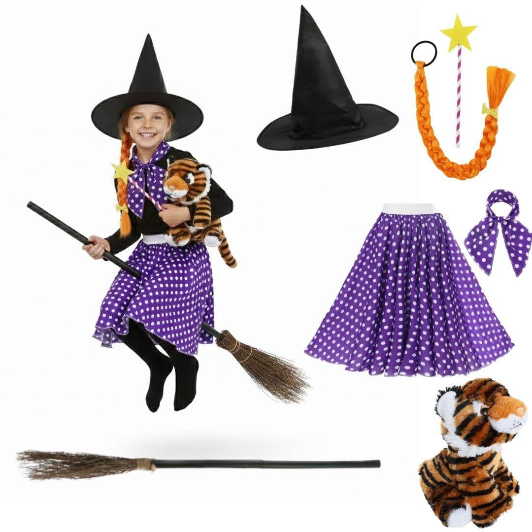Kids Storybook Witch Costume Set with Broomstick, Witch Hat, Tiger Plush Teddy Polka Dot Skirt, Ginger Plait Hair & Magic Wand for World Book Day and Dress Up Play for Children