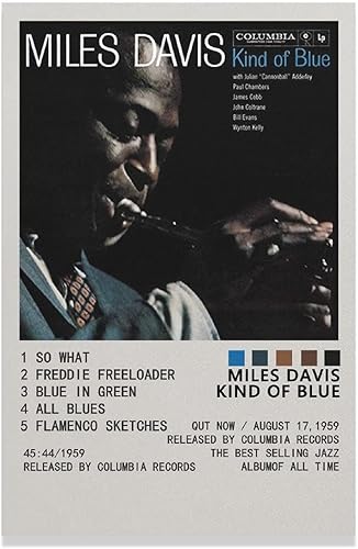 Póster musical de Miles Davis con texto en inglés "Kind of Blue", póster estético para pared, decoración de dormitorio, paisaje, oficina,