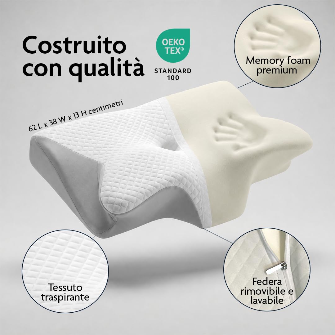 Cuscino Cervicale per Dormire a Farfalla in Memory Foam, Supporto Ortopedico Ergonomico Laterale, Supino e Proni, Federa Sfoderabile e Lavabile, Certificato OEKO-TEX Standard 100, 62x38x13 cm