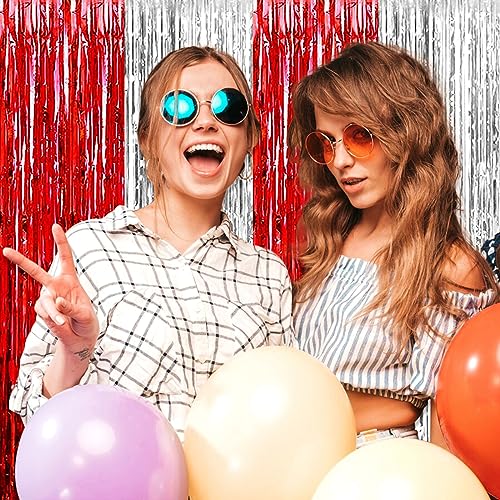Image of 3 Pack Red Silver Foil Fringe Curtain Backdrop, 3.28Ft x 9.8Ft Metallic Tinsel Foil Fringe Streamer Curtains for Photo Booth, Christmas Day, Thanksgiving, Wedding, New Year Party Decorations