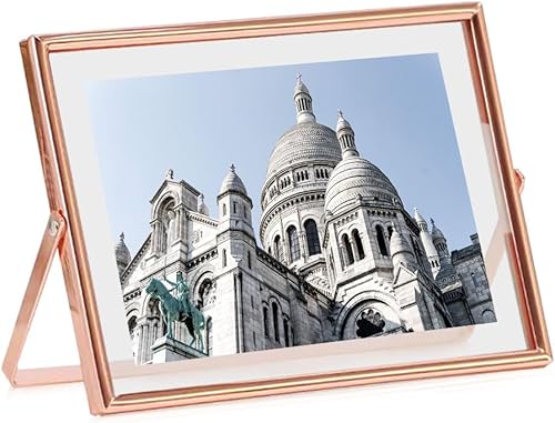 Marco de fotos de metal flotante (5 x 7 pulgadas, oro rosa), hermoso estante horizontal de escritorio, marco de fotos de arte de vidrio, marco de