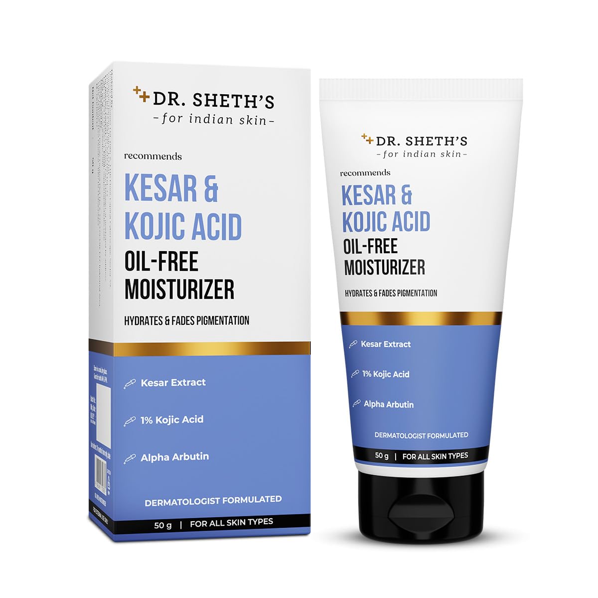 Dr. Sheth's Kesar & Kojic Acid Oil-Free Moisturizer | Lightweight Gel Cream Texture | Brightening & Hydrating | Fades pigmentation | For Men & Women | 50 g