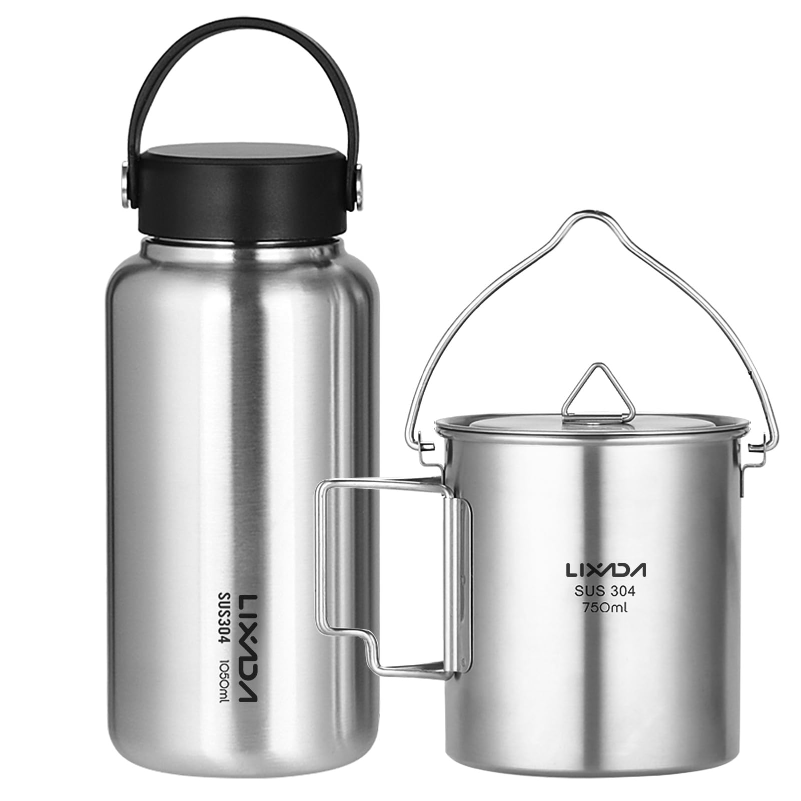 YIWENG 1050ml Stainless Steel Water Bottle Leak Proof Sports Bottle with 750ml Hanging Pot for Outdoor Camping Hiking