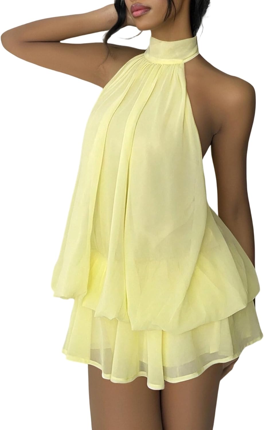 SHINFY Women Chiffon Halter Cocktail Dresses for Wedding Guest Ruffle Mini Beach Vacation Birthday Dresses