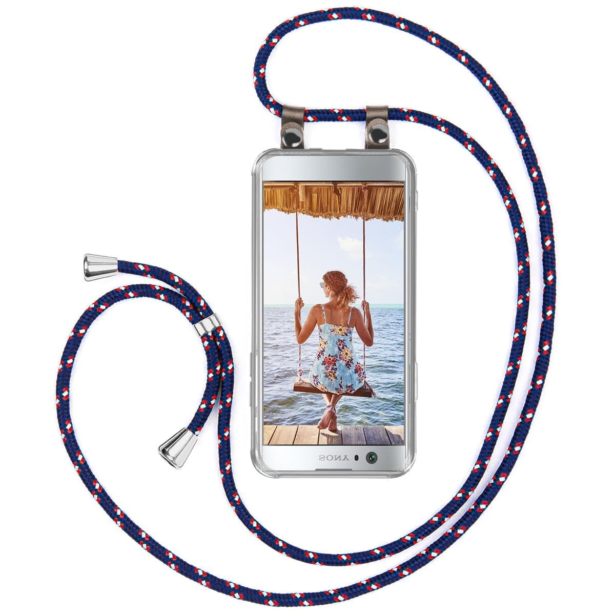 Moex Handyhülle Mit Kette Für Sony Xperia XA2 – Transparente Silikonhülle, 155 Cm Verstellbares Umhängeband, Lila/pink