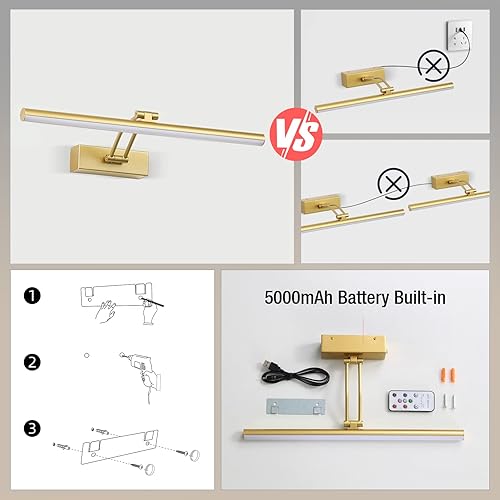Miniatura 7 de HOWMZON Luz de imagen inalámbrica, 5000 mAh funciona con pilas, luces de imagen con control remoto, luz de arte dorada, luz de pintura de metal