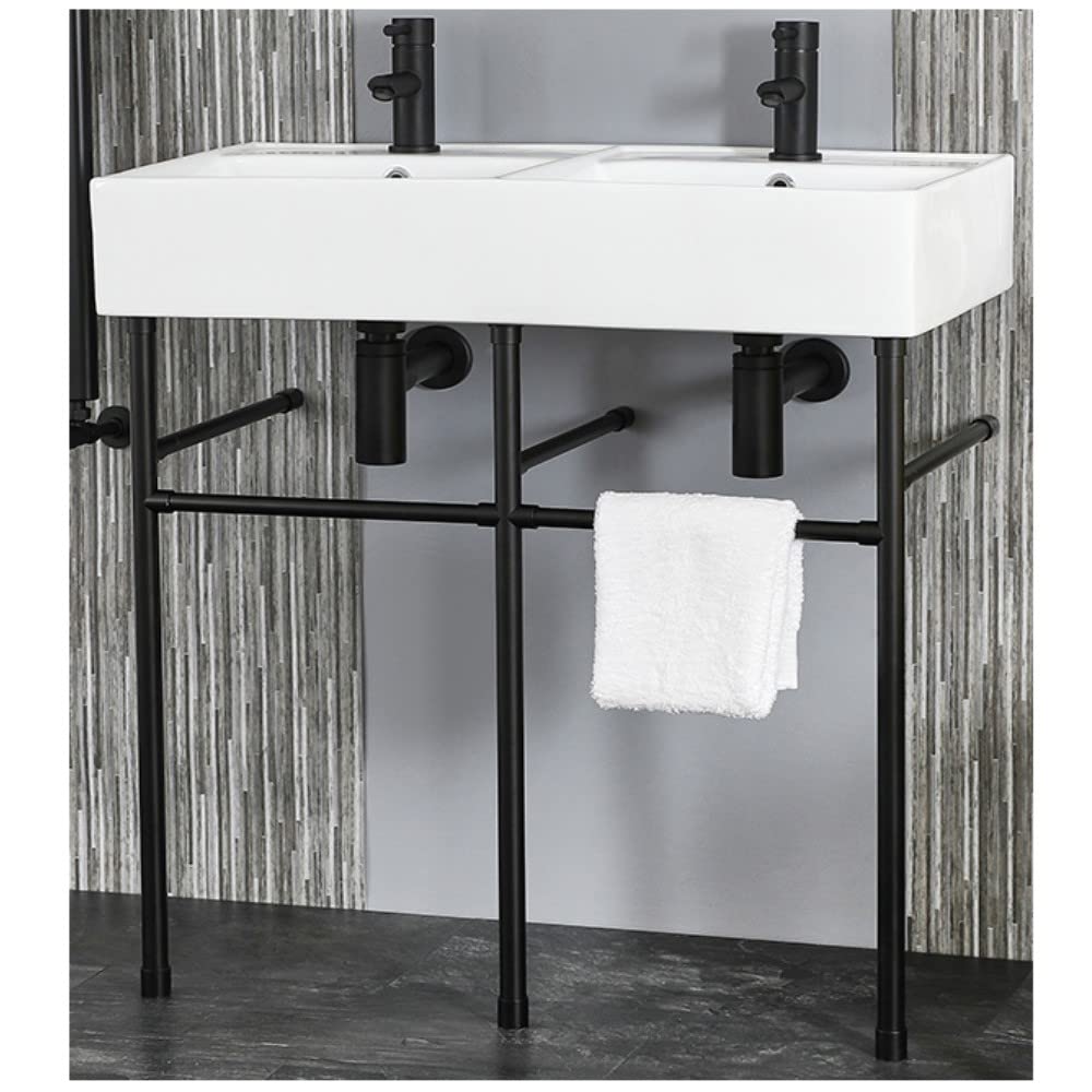 Milano Dalton White Ceramic 2 Tap Hole Double Bathroom Basin Sink Black Washstand - 820mm x 420mm