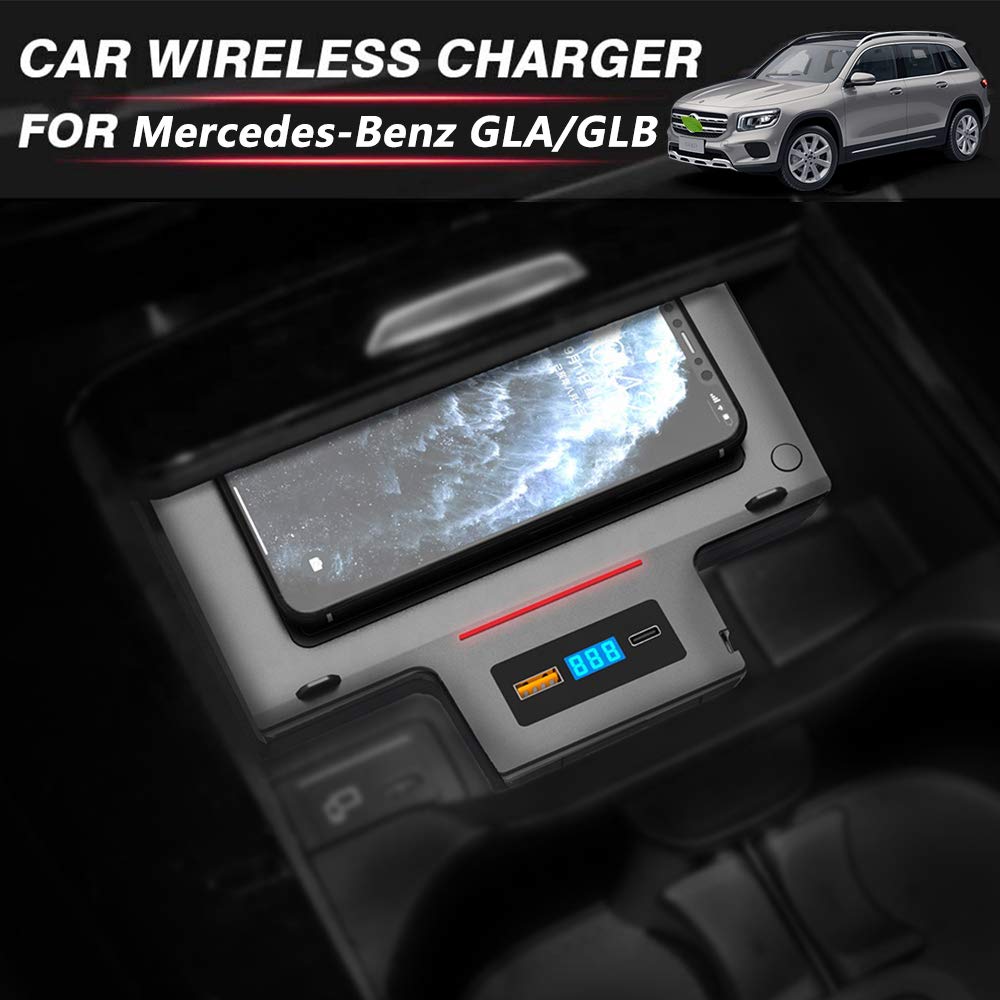 Cargador Inalámbrico Coche para Mercedes-Benz A-Class GLA GLB 2019 2020 Consola Central Panel, 15W Carga Rápida Auto Teléfono Cargador Almohadilla con QC3.0 USB y 18W PD para iPhone Samsung