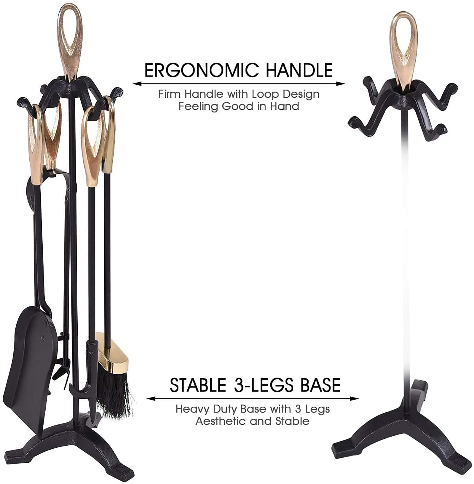 5-teiliges Feuerwerkzeug-Set, Schmiedeeiserner Kamin-Besitzer, Schürhaken, Schaufel und Zange, 64 cm Höhe