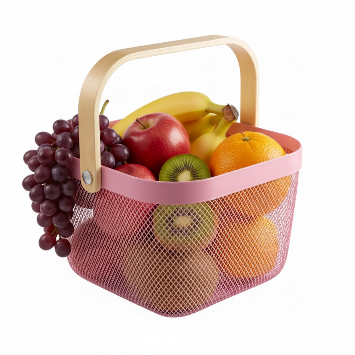 Ymeibe Mesh Steel Storage Organizer Basket Fruit Basket Bin with Wood Handle Ideal for Kitchen Bathroom Picnic Baskets Pantry Cabinets Storage Home