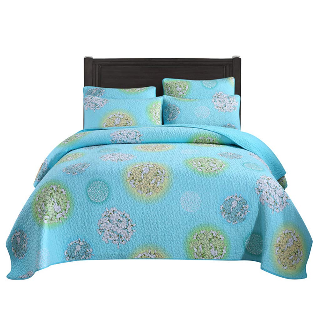 Couvre-lit matelassé bleu 230x250 cm en coton floral avec 2 taies d'oreiller pour lit King Size