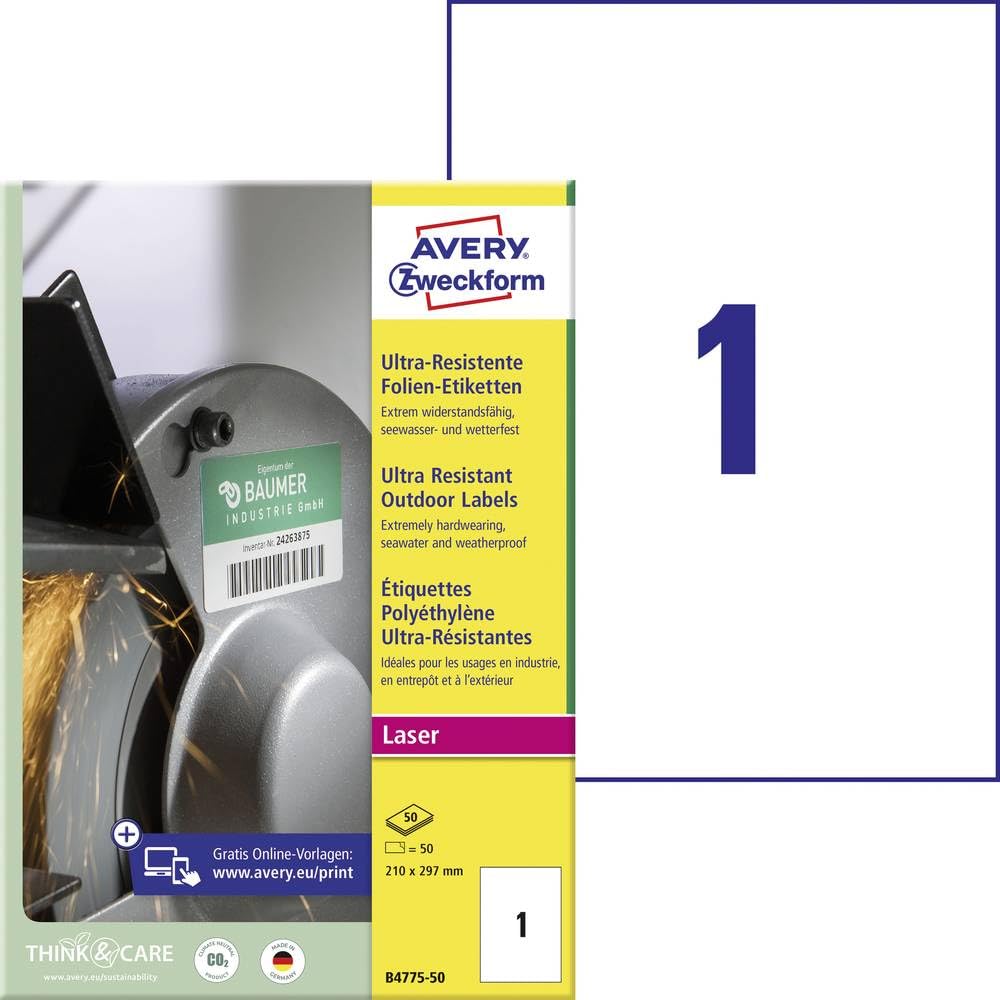 AVERY Zweckform B4775-50 wytrzymałe etykiety foliowe (50 naklejek, 210 x 297 mm na A4, bardzo mocno samoprzylepne, do trudnych powierzchni, do zadrukowania folia samoprzylepna) 50 arkuszy, białe