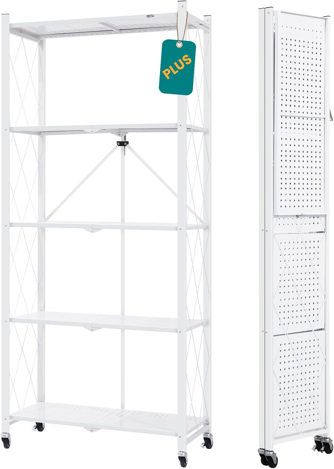 Storage Shelves with Wheels, Bookshelf with Storage, No Assembly Metal Rack Shelf for Kitchen, Office, Laundry, Garage (5 Tier, White) White 5 Tier