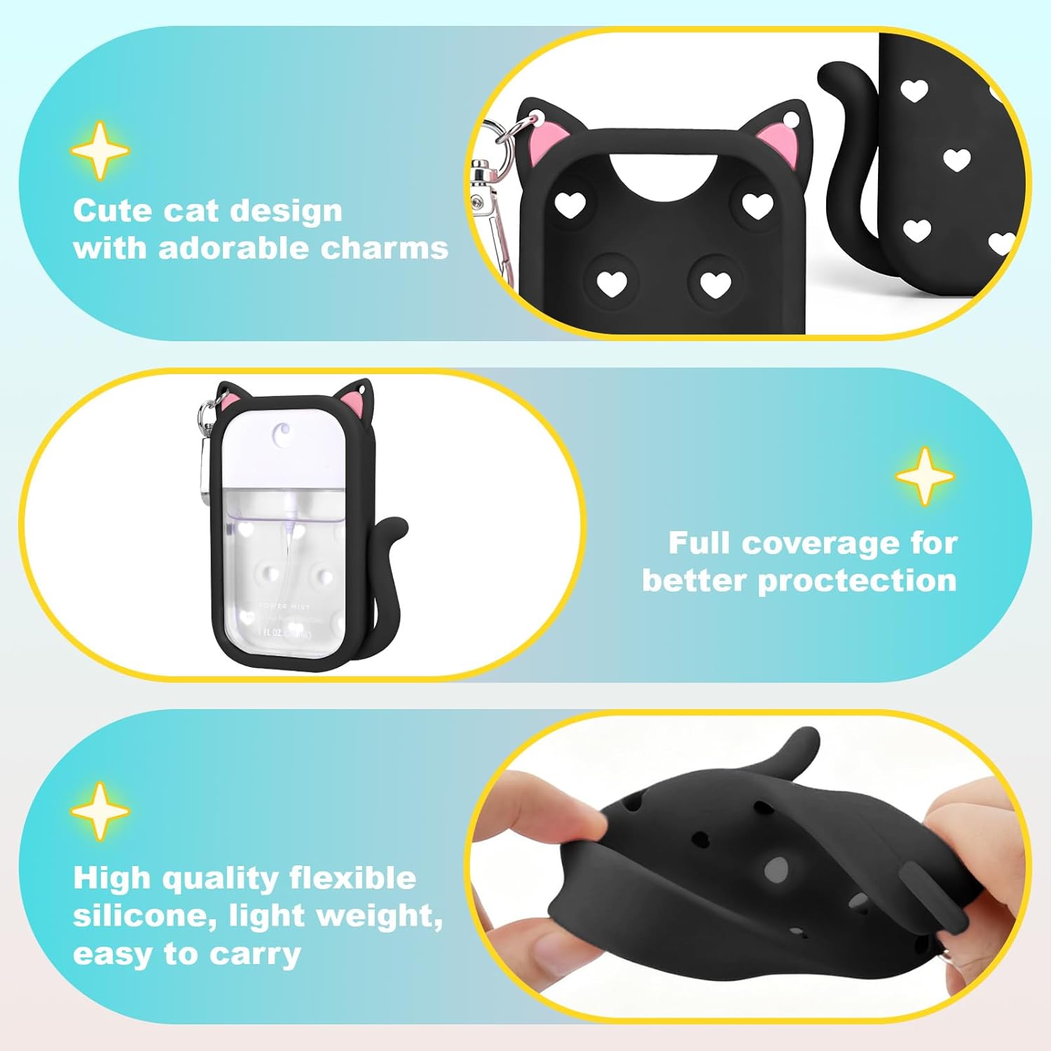Juome Silicone Case for Touchland Hand Sanitizer Spray with Keychain & Charms, Cat Protective Holder Compatible with Touchland Power Mist & Glow Mist 1 FL Oz/30ML,Travel Cover Sleeve Accessory (Black) - Image 5
