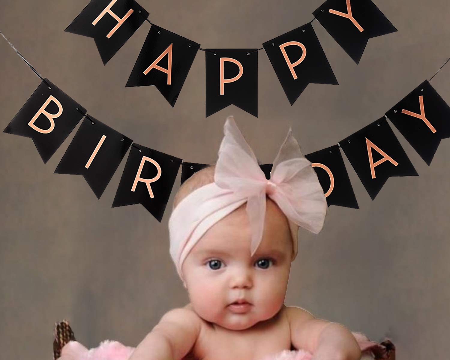 Happy Birthday Banner for Rose Gold Party Decorations Shiny Black and
