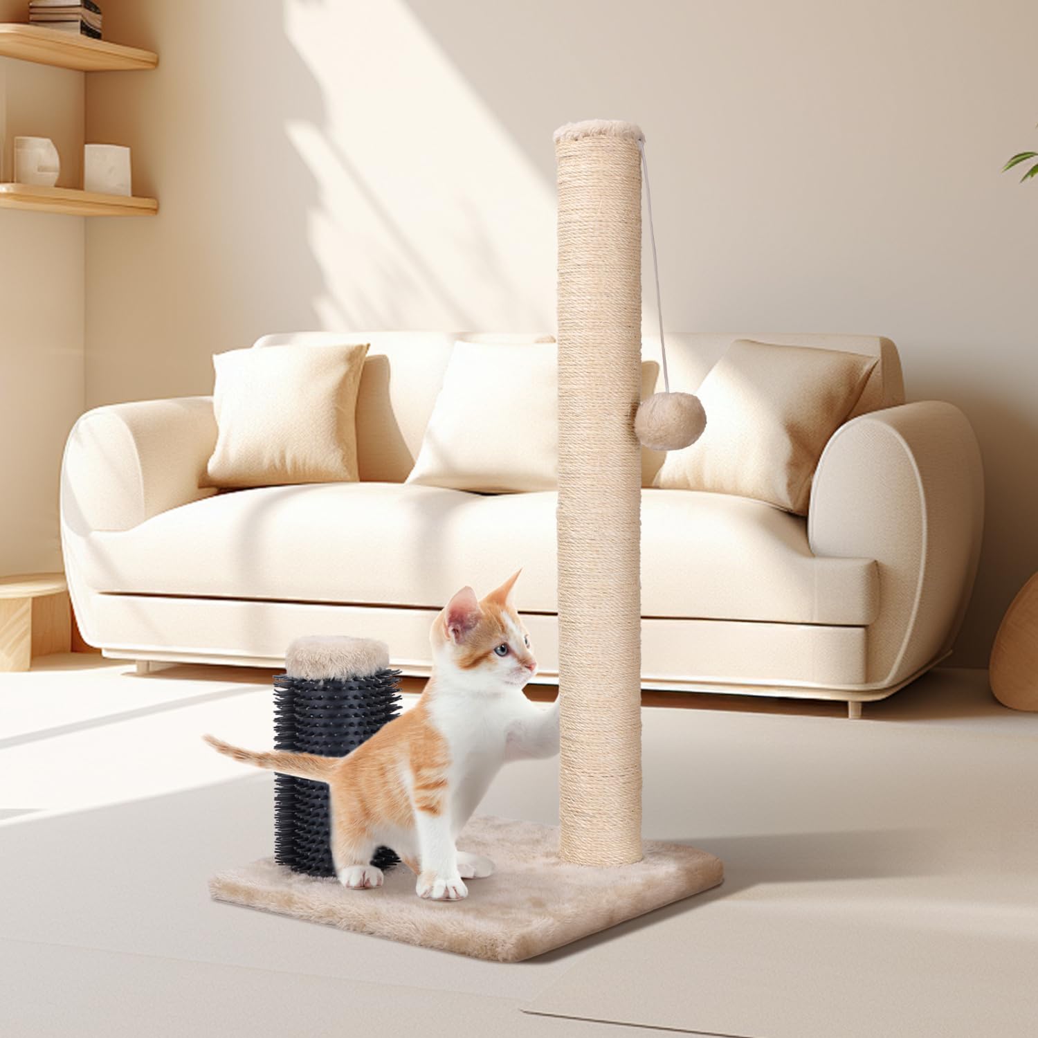 Nobleza Rascador para Gatos， Poste de Rascador para Gatos， Cuerda de Sisal Natural con Bolas Juguete y Peine de Silicona para Gatos， 60x30x30cm Color Beige