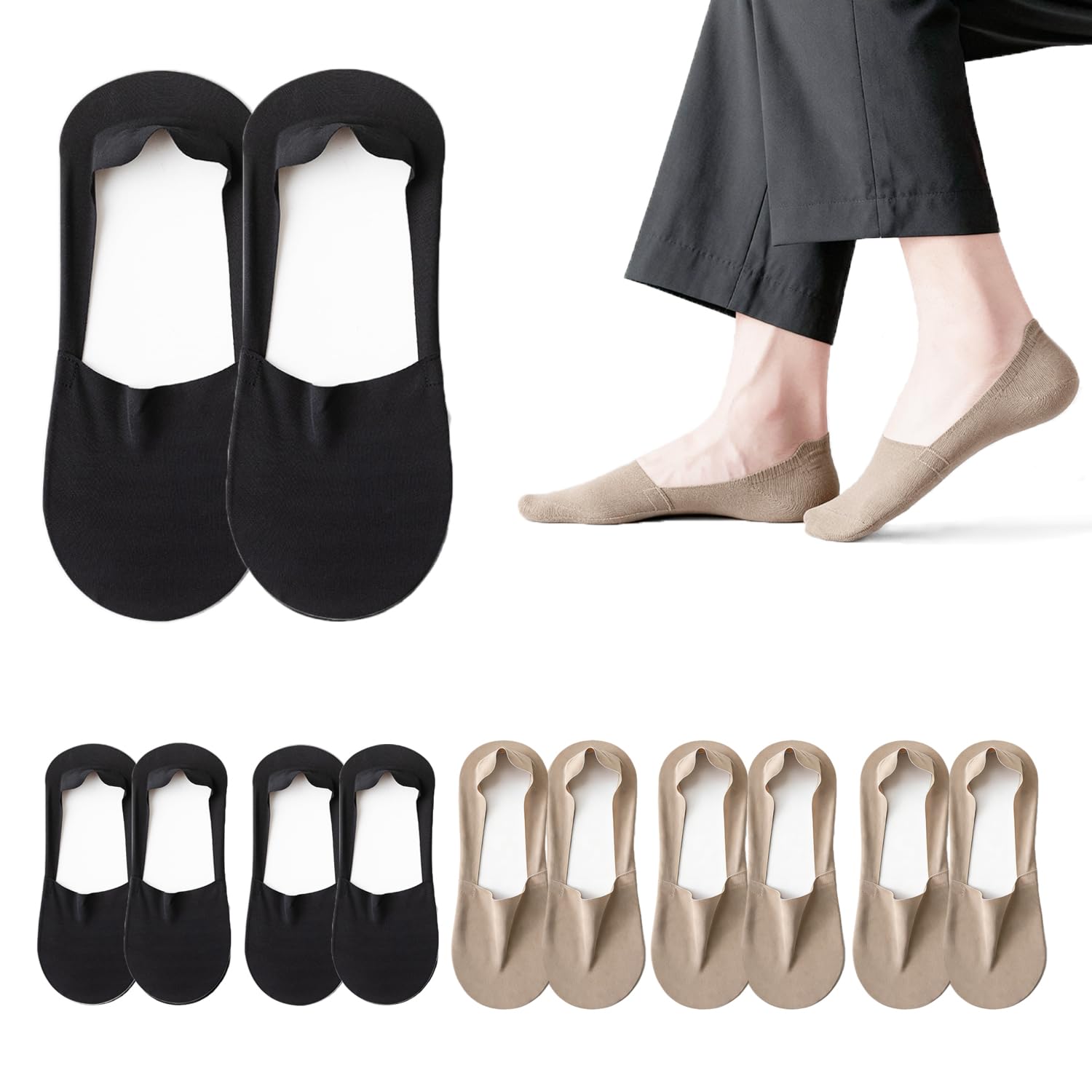 6 Pares de Calcetines Invisibles para Hombre, Ligeros y de Corte Bajo, Antideslizantes para Mocasines, Zapatillas, Zapatos de Cuero, Nude y Negro