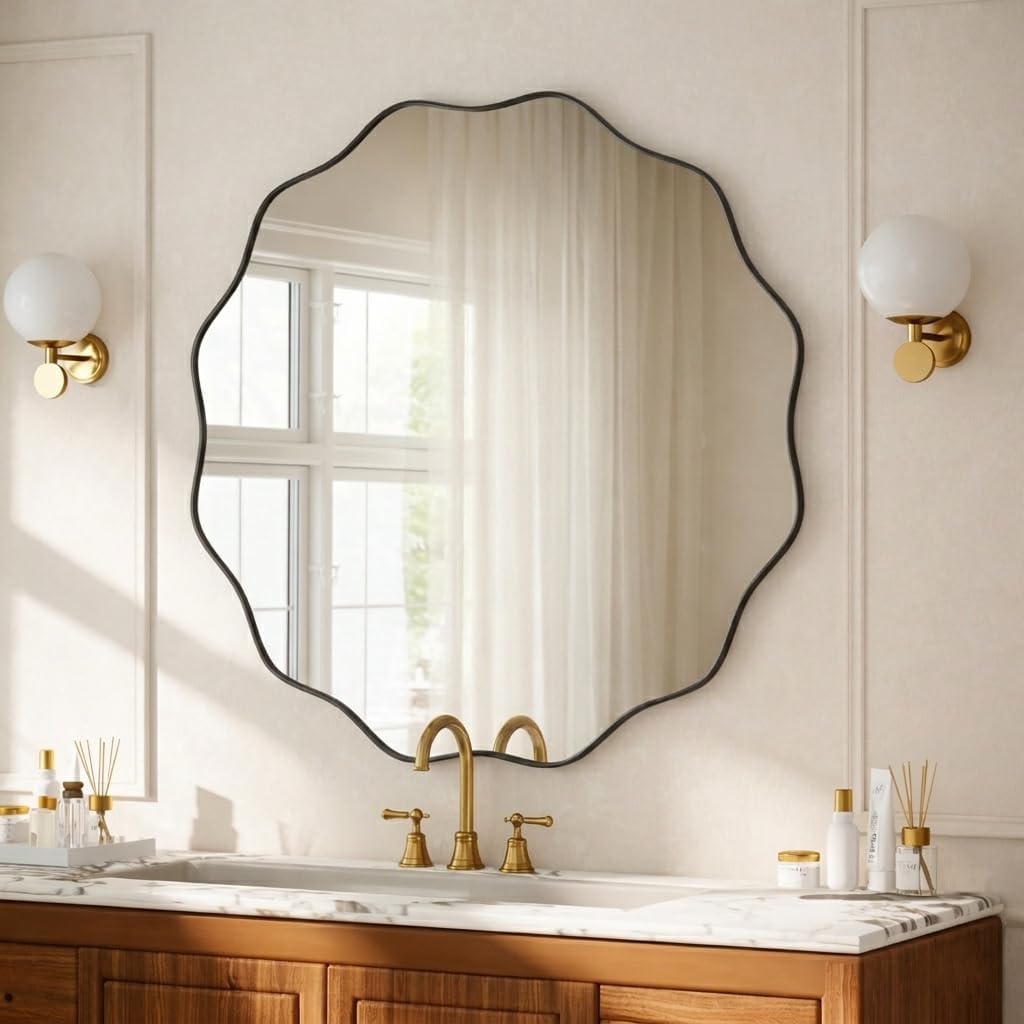 30" Black Scalloped Wavy Round Mirror – Tempered Glass with Textured Deep Metal Frame, Stylish Wall & Leaning Mirror for Bathroom, Hallway, Entryway, Living Room-image-23