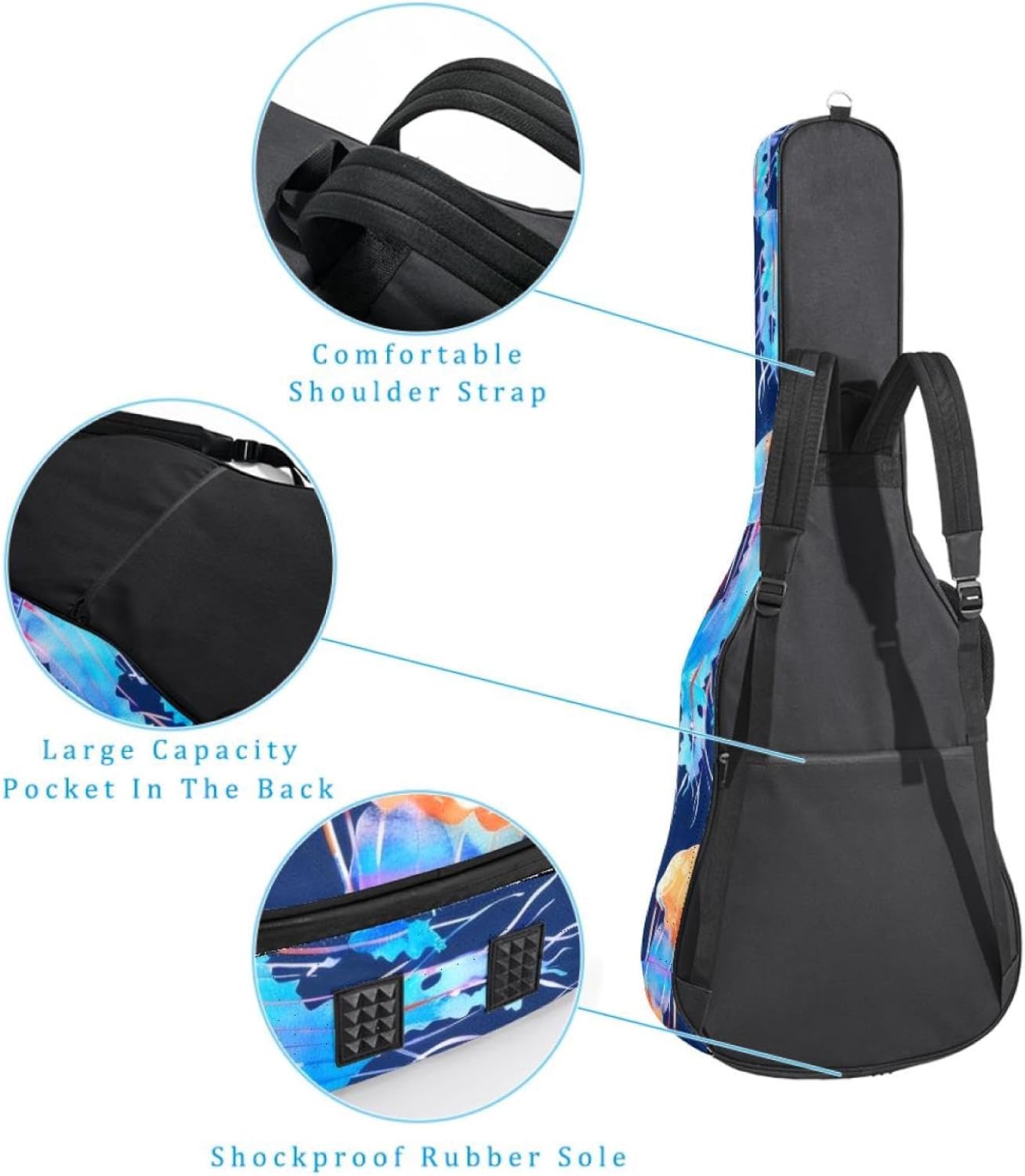 Acoustic Guitar Bag 0.4 Inch Thick Padding Waterproof Guitar Case Gig Bag for 40 41 42 Inch Electric Bass Classical Guitar, Cute Colorful Ocean Jellyfish