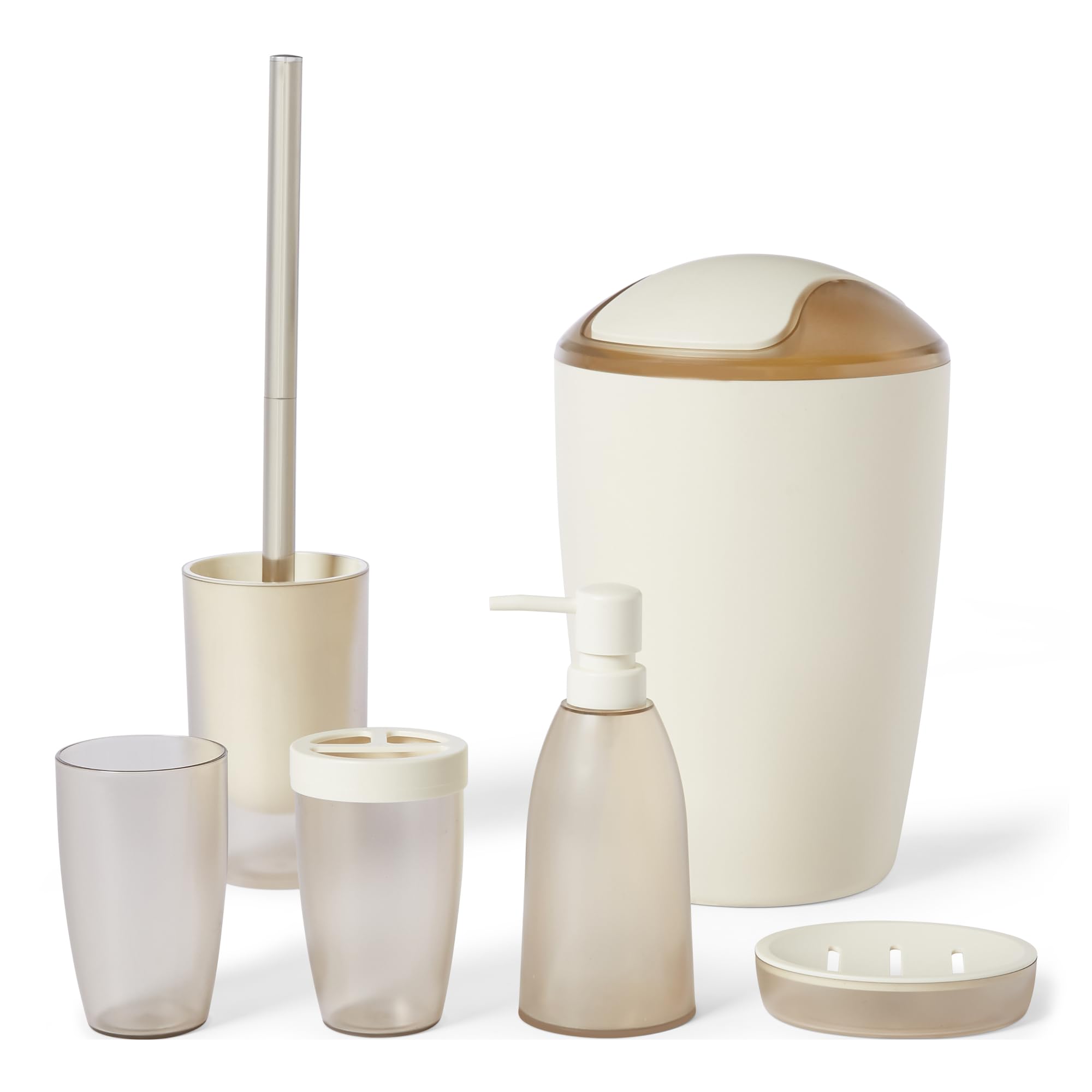 Amazon Basics Bathroom Accessory Set with Toothbrush Holder, Soap Dispenser, Soap Dish, Tumbler, Trash Can,Toilet Brush & Holder, Ivory
