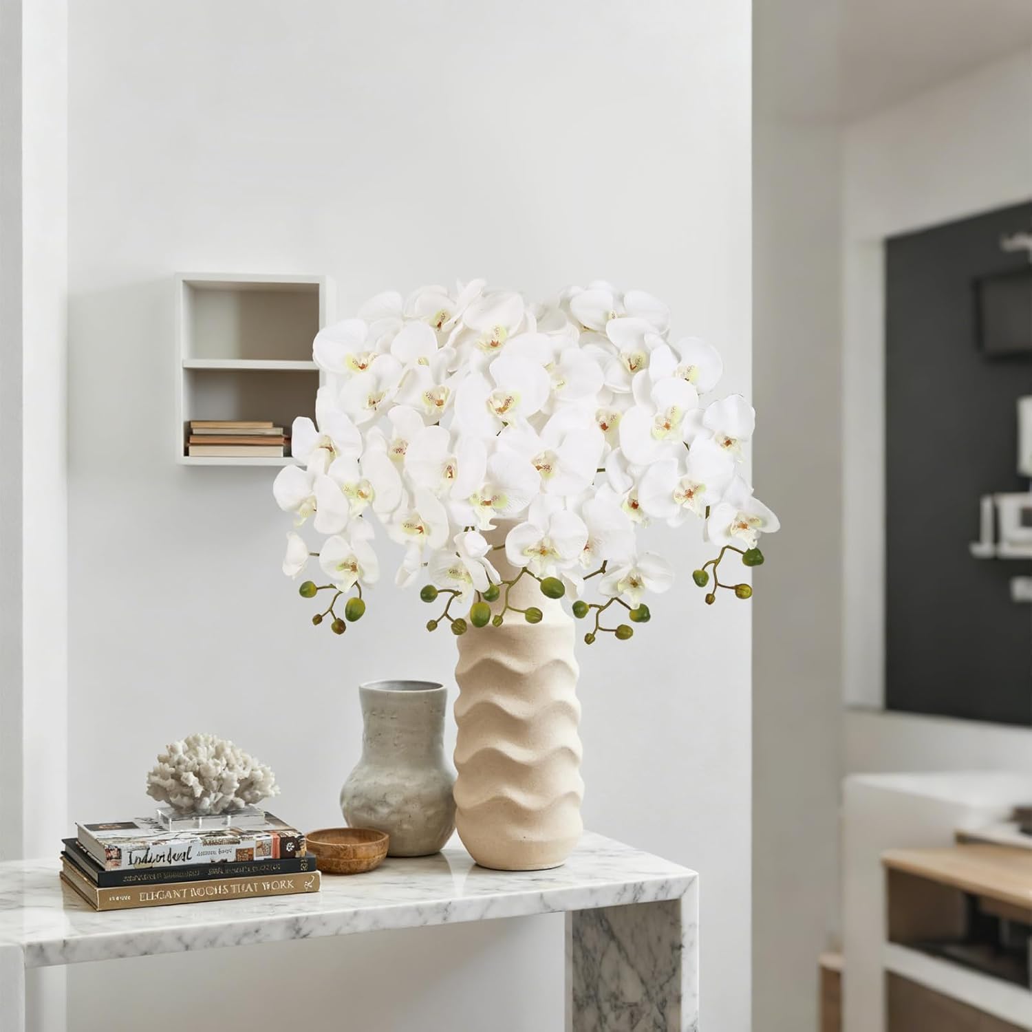 IPOPU 40.16" White Orchid Artificial Flowers 5PCS Fake Orchid Long Stems Phalaenopsis Branches Real Touch Silk Orchids for Vase for Bridal Shower Home Party Wedding Decoration (White) - Image 7