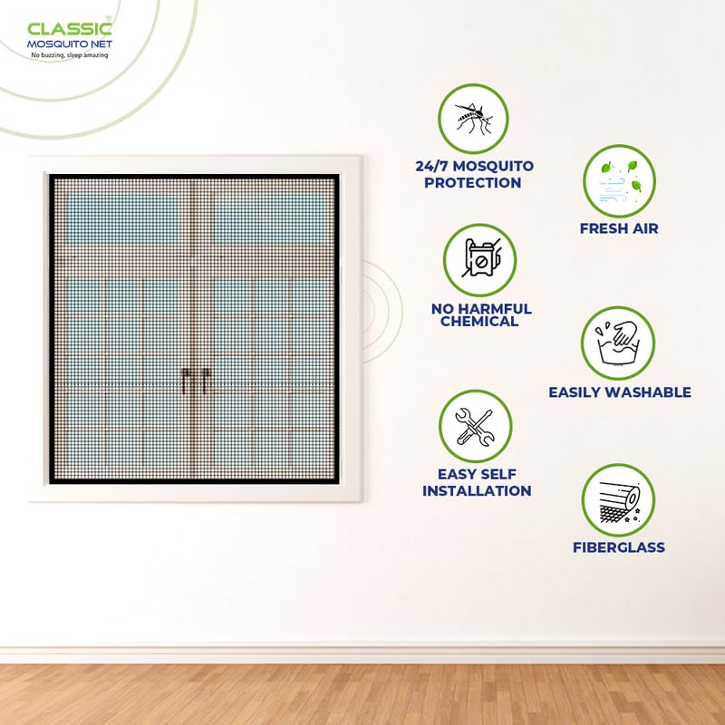 Image of Classic Mosquito Net for Windows | Pre-Stitched (Size:50cmX140cm, Color: Black) | Premium 120GSM Strong Fiberglass Net with Self Adhesive Hook Tape