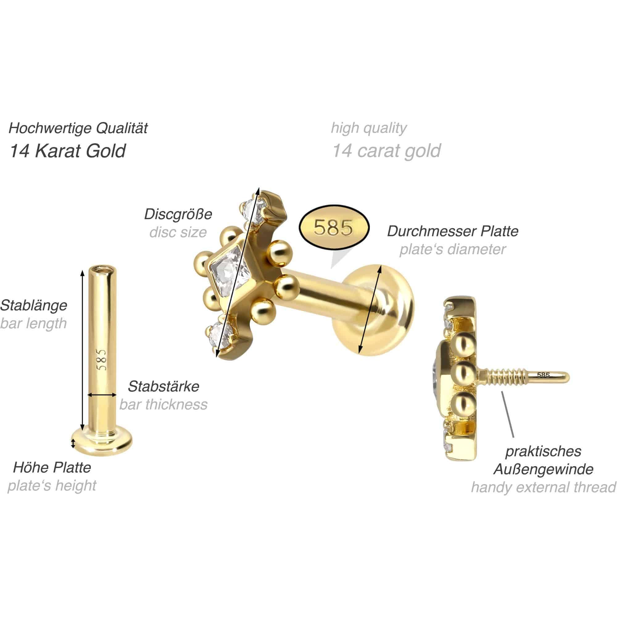 PIERCINGLINE Piercing Stecker 14 Gold Labret mit Innengewinde 3 MOISSANITE + KUGELN 585er Gold - Roségoldfarben, Goldfarben, Silberfarben