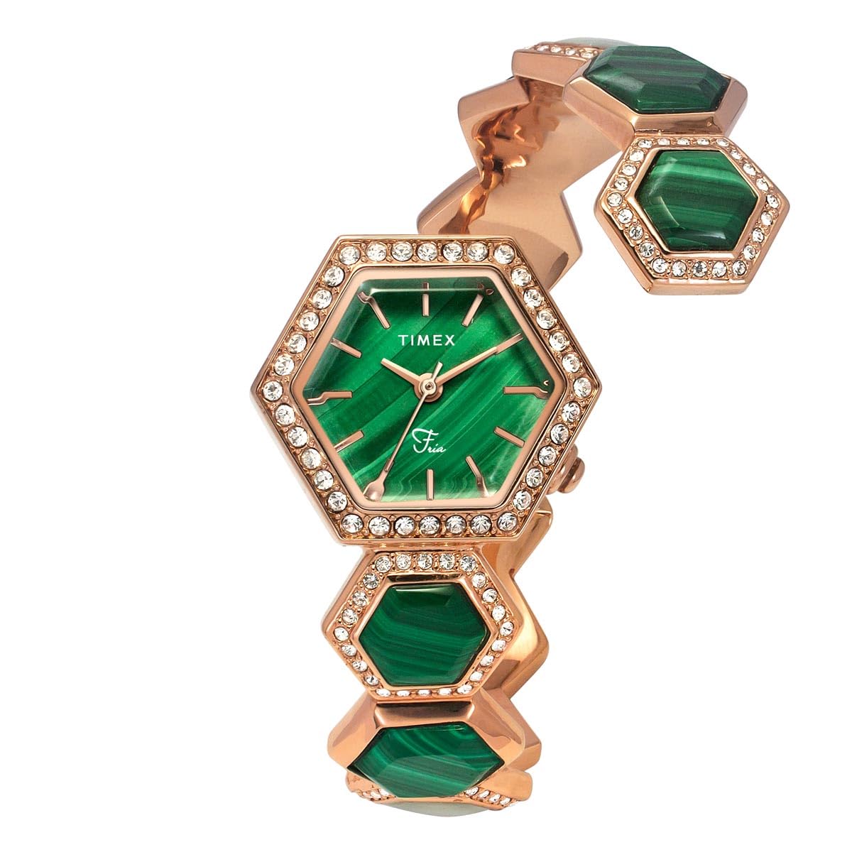 TIMEX Brass Fria Women Green Hexagon Dial Analog Watch - Twel17901, Band_Rose Gold (B0D95WBWFH) Amazon Price History, Amazon Price Tracker