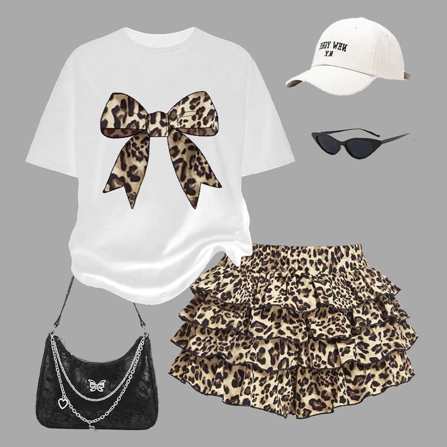 Summer Outfits for Girl 2 Piece, Bow Graphic Tees and Leopard Short Skirt Fashion Casual Clothing - Image 6