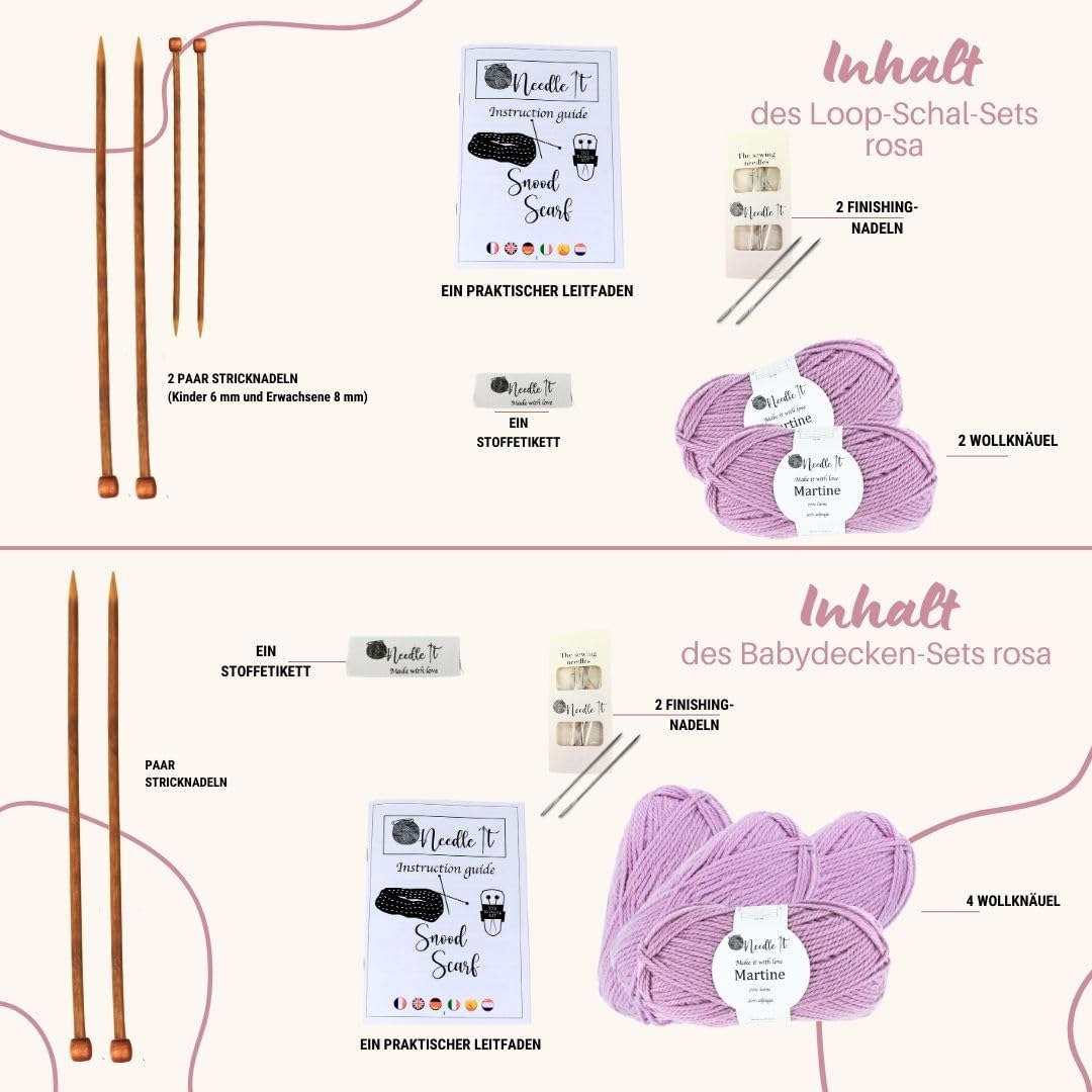 Needle It - 2er Set Strickset für Anfänger Rosa - Babydecke & Snood zum Selberstricken - Bastelset Wolle mit Nadeln - für Kinder und Erwachsene - Kreative Geschenkidee