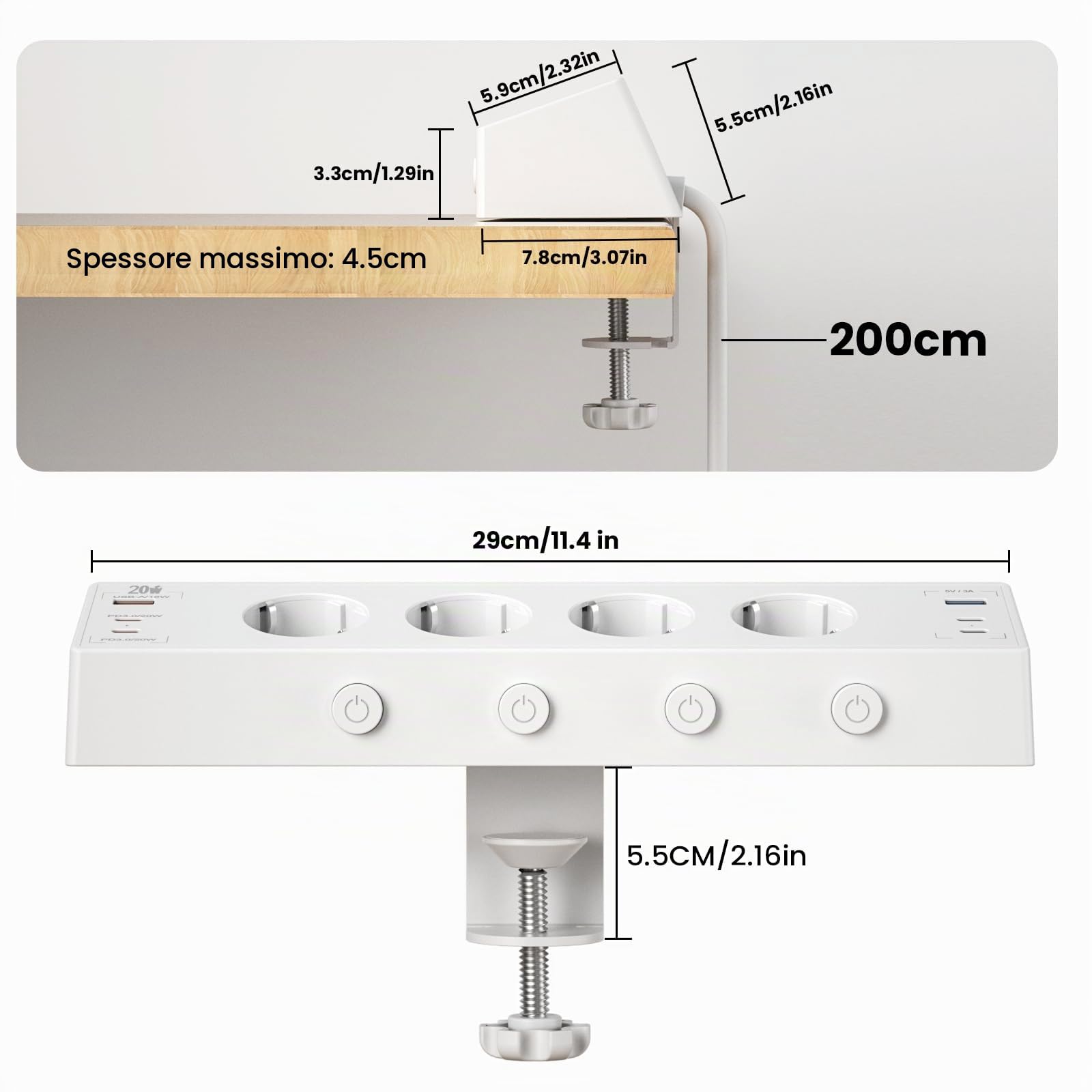 Ciabatta Multipresa da Tavolo con USB C 20 W, Multipresa USB con Interruttore Commutabile Singolarmente, Ciabatta Elettrica Multipresa con 4 USB C e 2 USB A, Cavo da 2M, Bianco