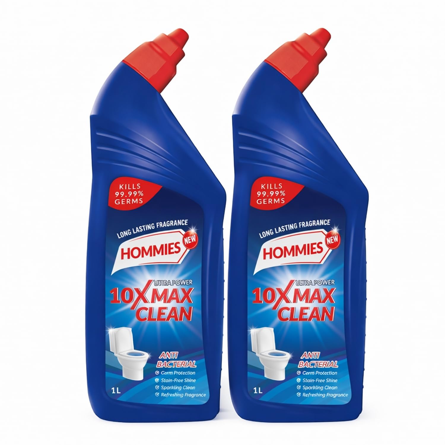 Hommies Advanced Toilet Cleaner 2L 10X Power Formula, Kills 99.9% Germs, 5-Minute Rapid Action, Long-Lasting Fragrance | Original Liquid Cleaner -1 L X 2Packs