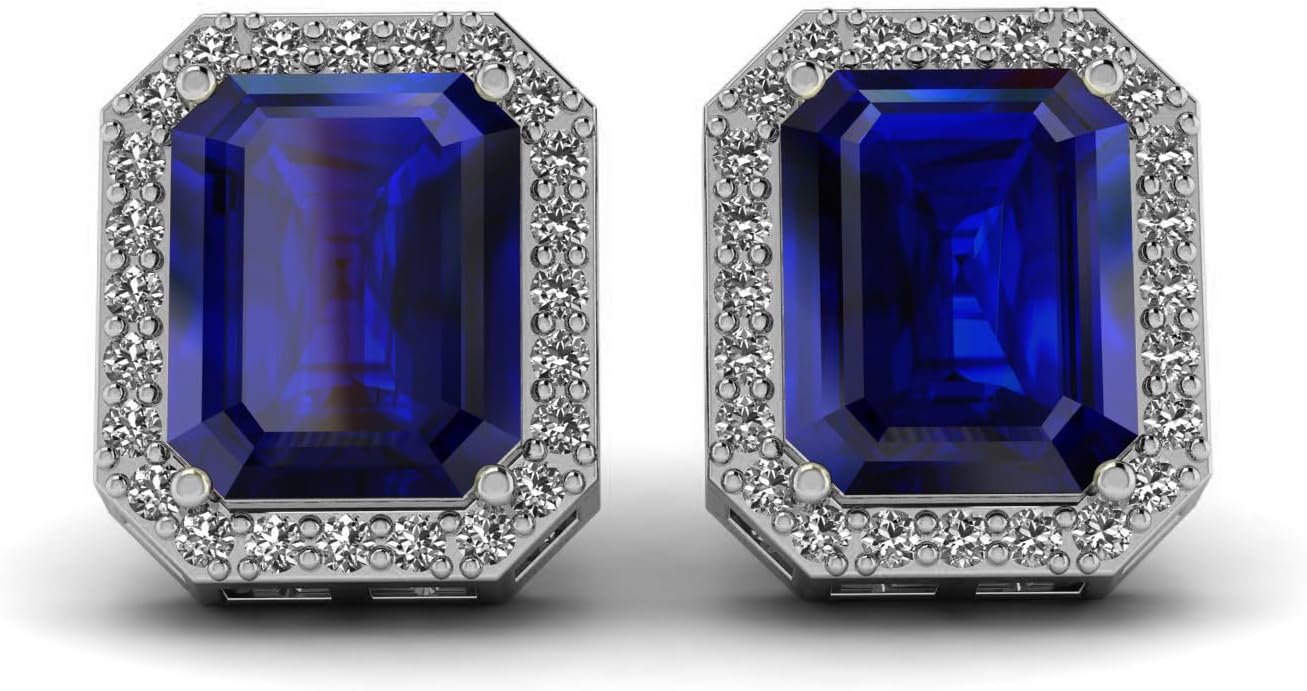 925 Sterling Silver Emerald Cut Halo Birthstone Eternity Stud Earring For Women Jewelry Gift For Her (10x12MM)