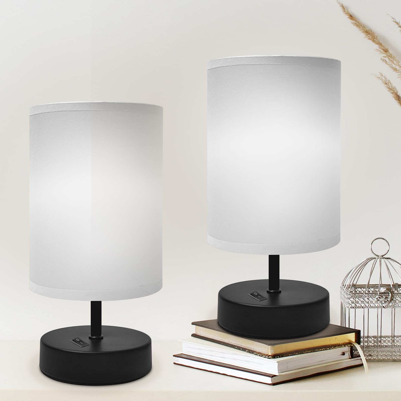 DEGNJU Small Lamp for Bedroom, Bedside Lamps for Night Stands, Mini Minimalist Table Lamp with Round Gray Fabric Shade, 9 Inch Desk Reading Lamp for Dorm Room Living Room Office Room, 2 Pack