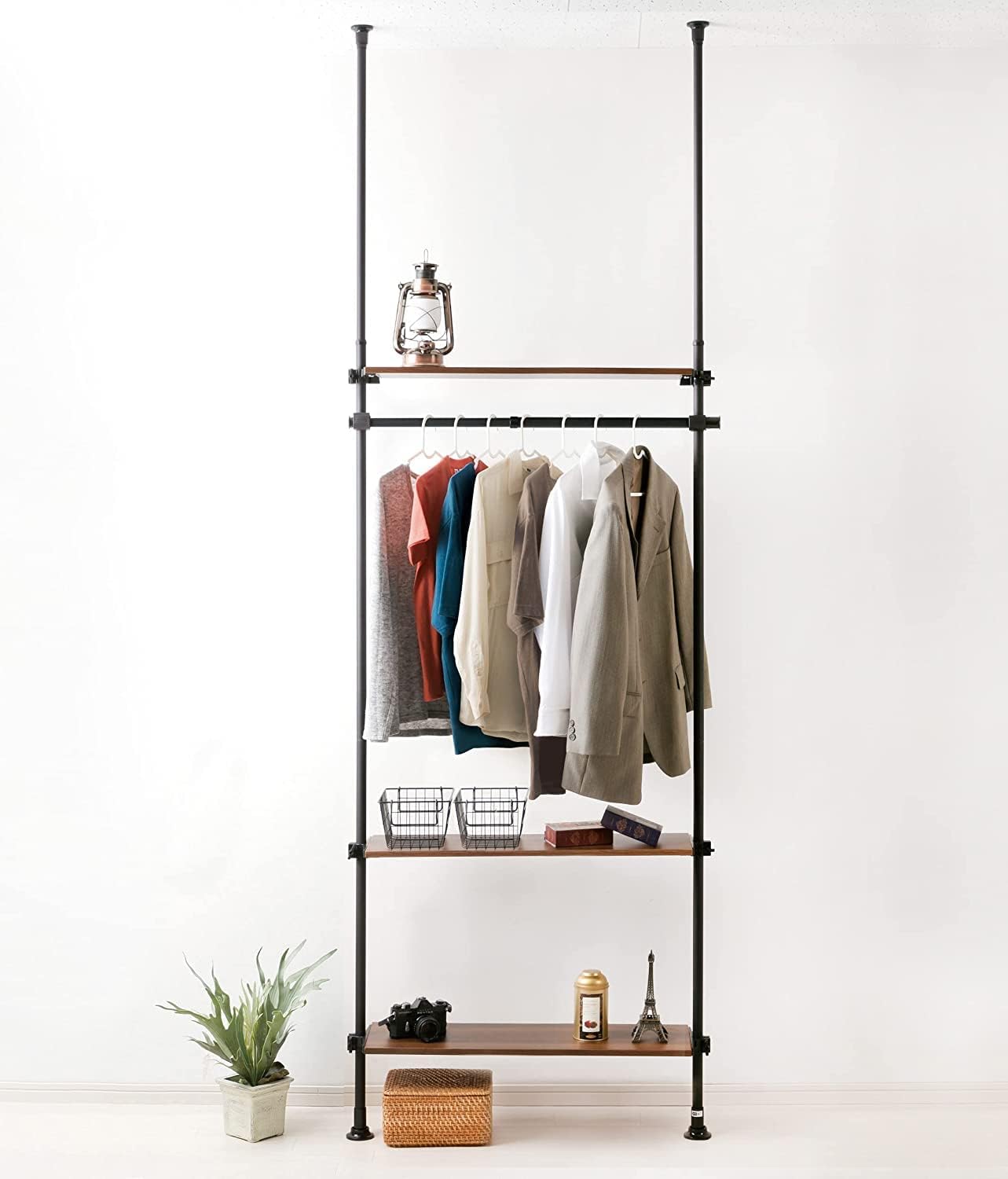 つっぱり式 ハンガーラック 棚付き 高さ200～270cm ポール 簡単設置 スリム つっぱり棚 収納 衣類収納 壁面収納 木目調