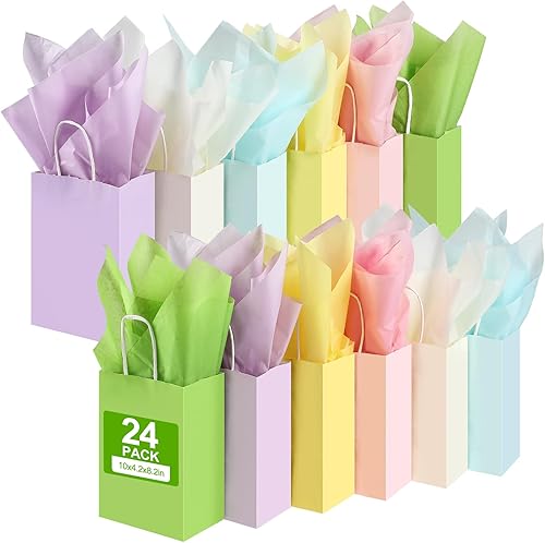 AOZITA Paquete de 24 bolsas de papel de regalo con pañuelos, bolsas de papel medianas de 8.2 x 4.2 x 10 pulgadas con asas para baby shower,