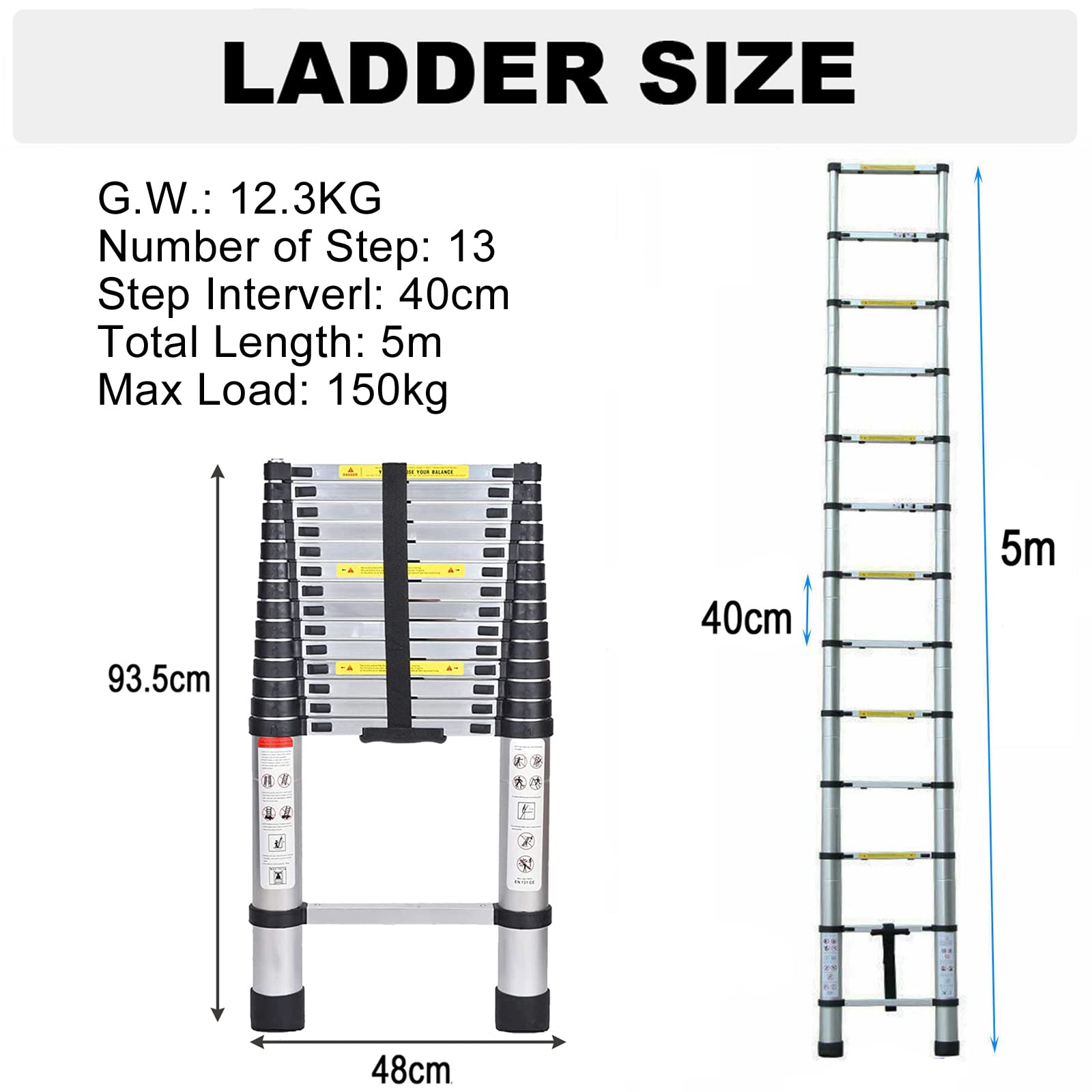 Scala Telescopica 5m in Alluminio - Portatile e Leggera, Multiuso Estensibile per Soffitta, Carico Massimo 150 kg, Norma EN131