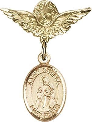 14kt Yellow Gold Baby Badge with St. Angela Merici Charm and Angel w/Wings Badge Pin 1 X 3/4 inches