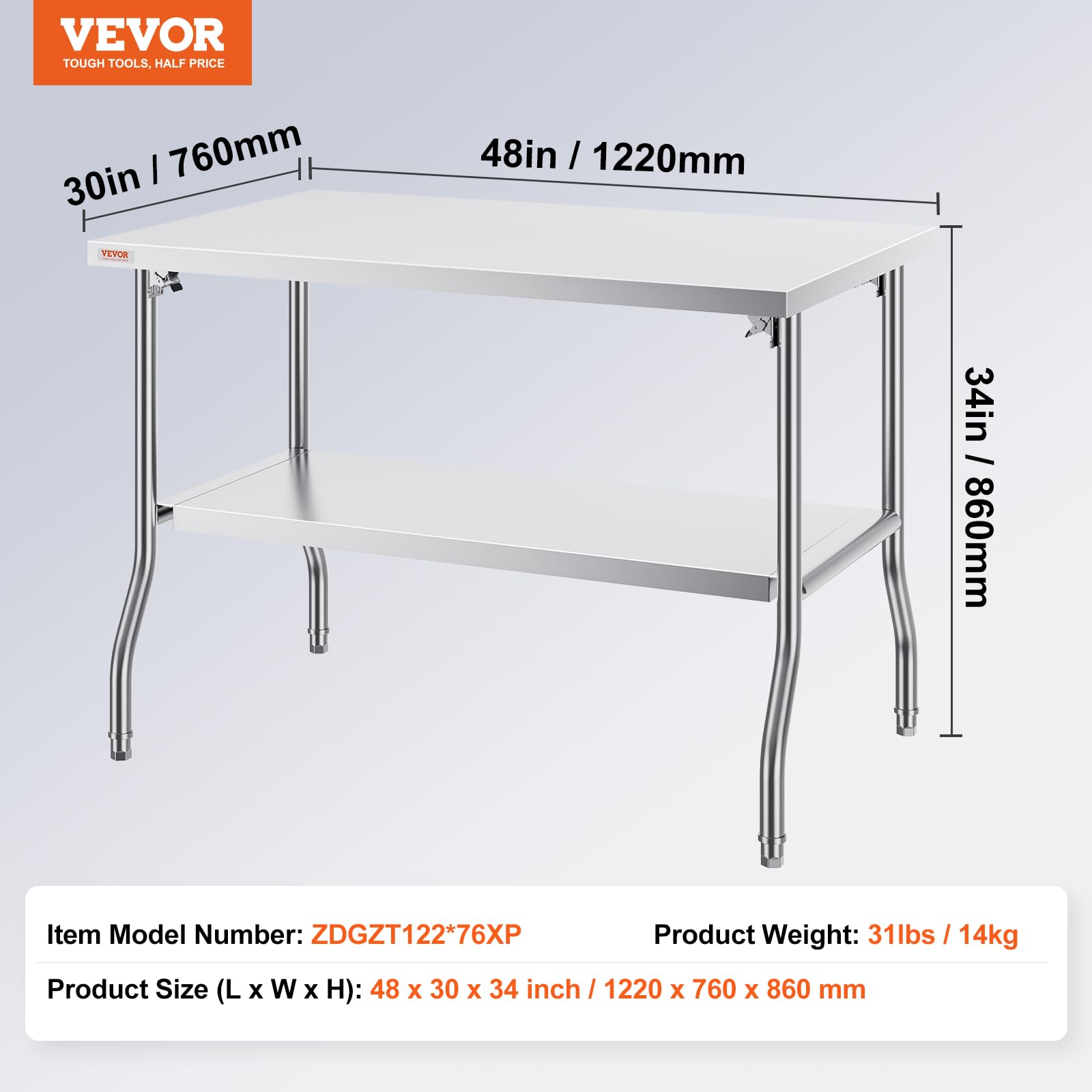 VEVOR Table de Travail INOX 122 x 76 x 86 cm, Table de Préparation Commerciale avec Étagère, Table de Cuisine INOX Pliante, Charge Lourde, pour Rangement Aliments, Maison, Restaurant, Bar, Garage