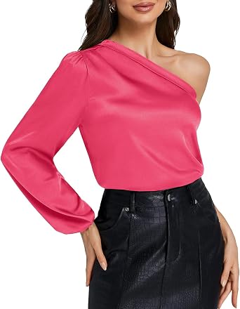 Rooscier Womens Satin One Shoulder Lantern Long Sleeve Loose Fit Workwear Blouse Top