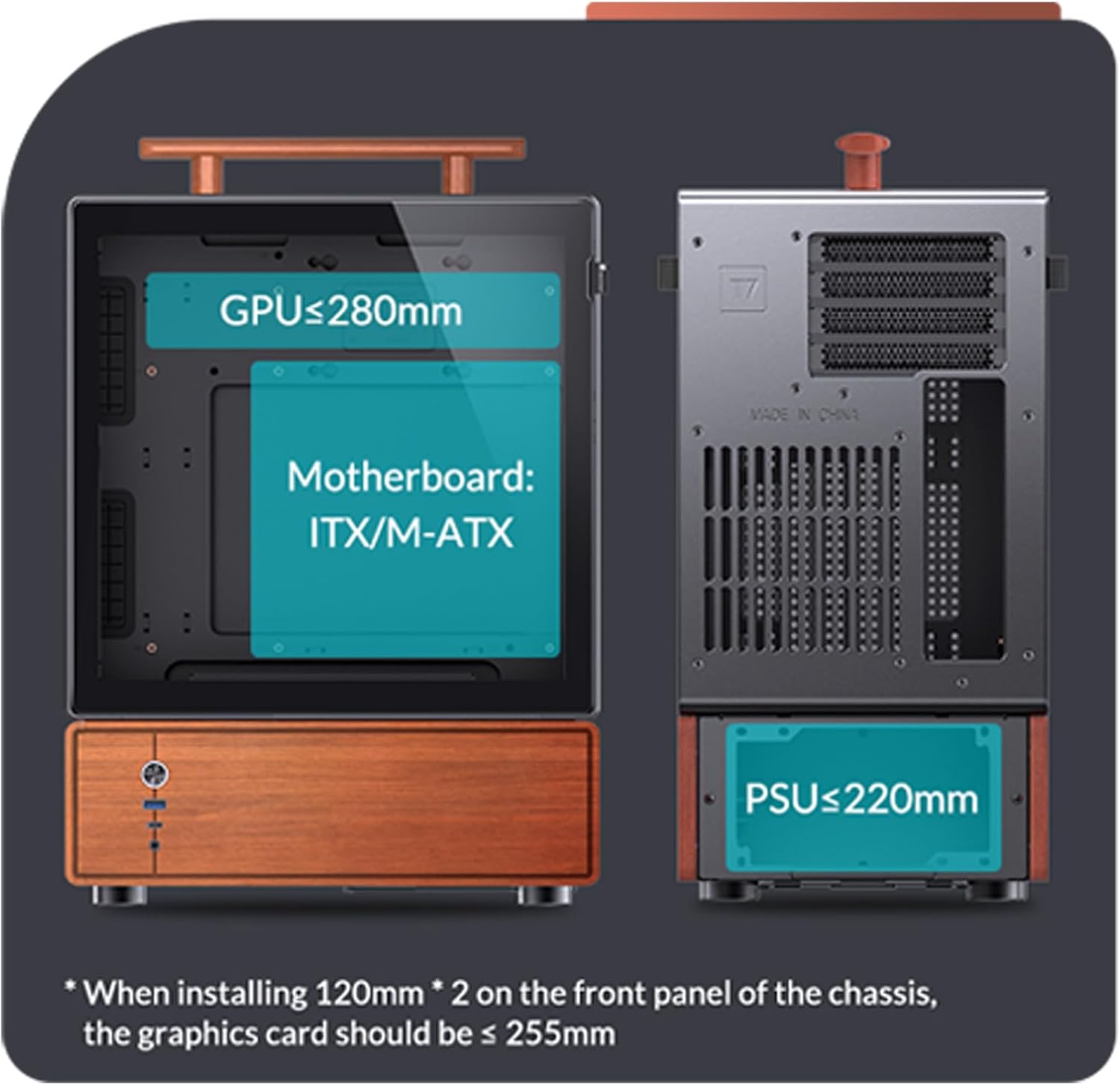 Diagram showing the maximum supported dimensions for GPU, Motherboard, and PSU within the JONSBO T7 case.