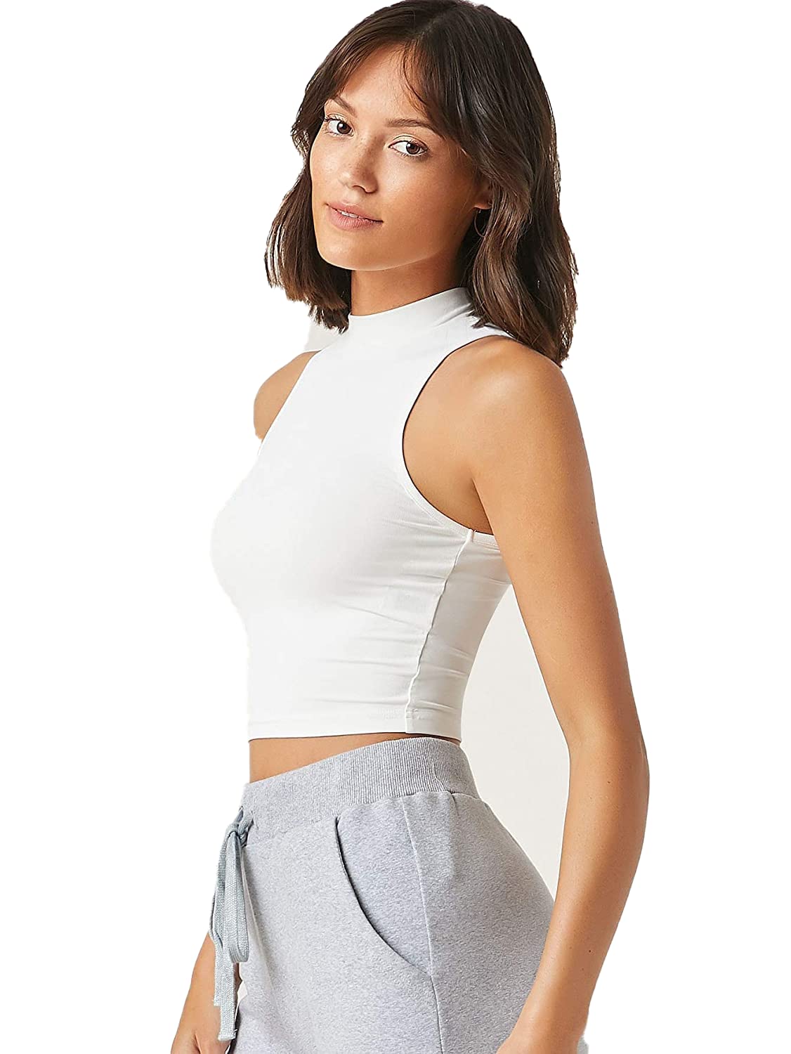 Women's Basic Sleeveless Crop Top Mock Neck Rib Knit Tank