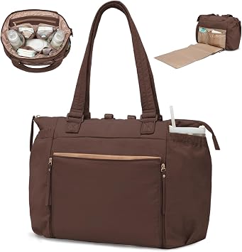 MOMINSIDE Diaper Bag Tote with Changing Station Convertible Diaper Bag Backpack Tote panaleras para bebe Large Baby Bag, Hospital Bag Mommy Bag Travel Diaper Bag for Mom, 16 Pockets, Dark Brown