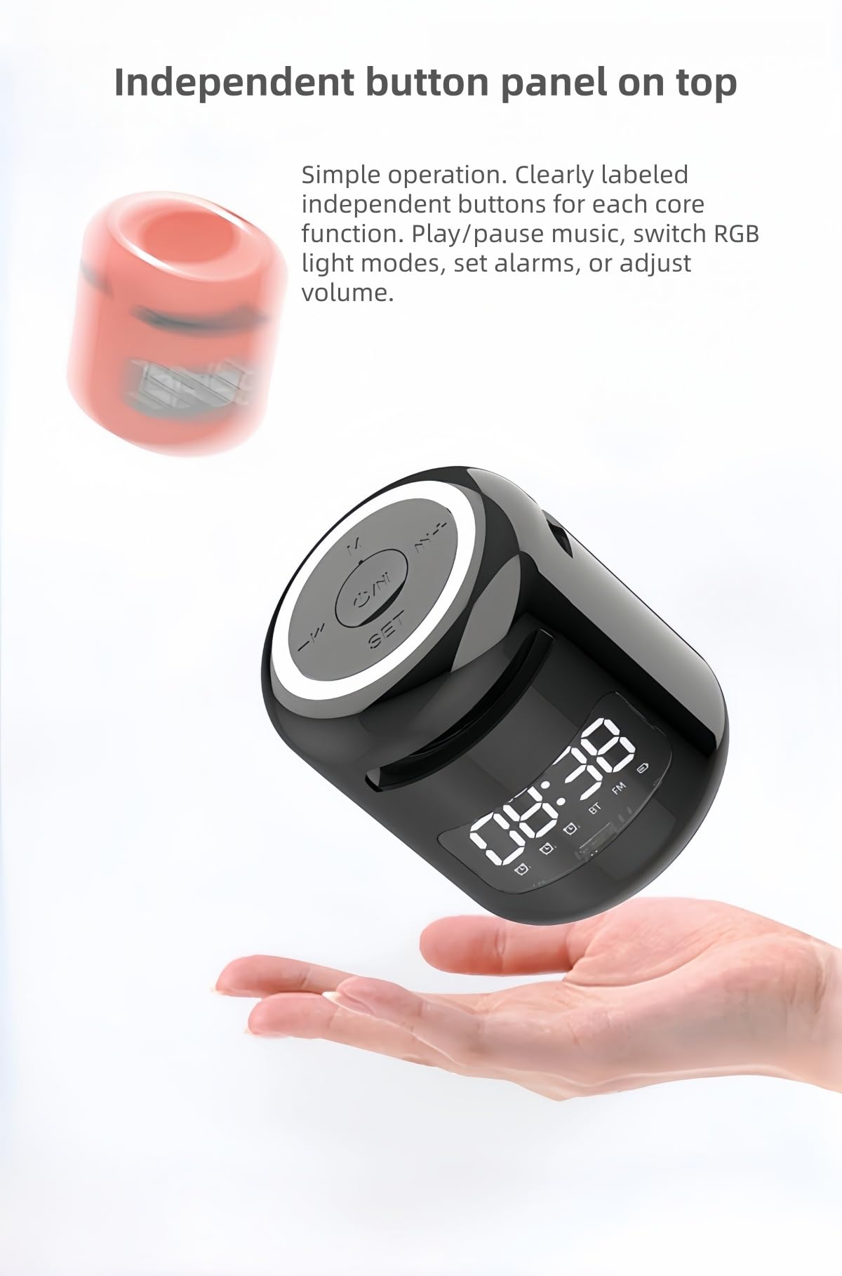 Sveglia Bluetooth ricaricabile, subwoofer portatile Hi-Fi per esterni, cassa acustica compatta con radio FM, audio da viaggio per casa o campeggio (Black)