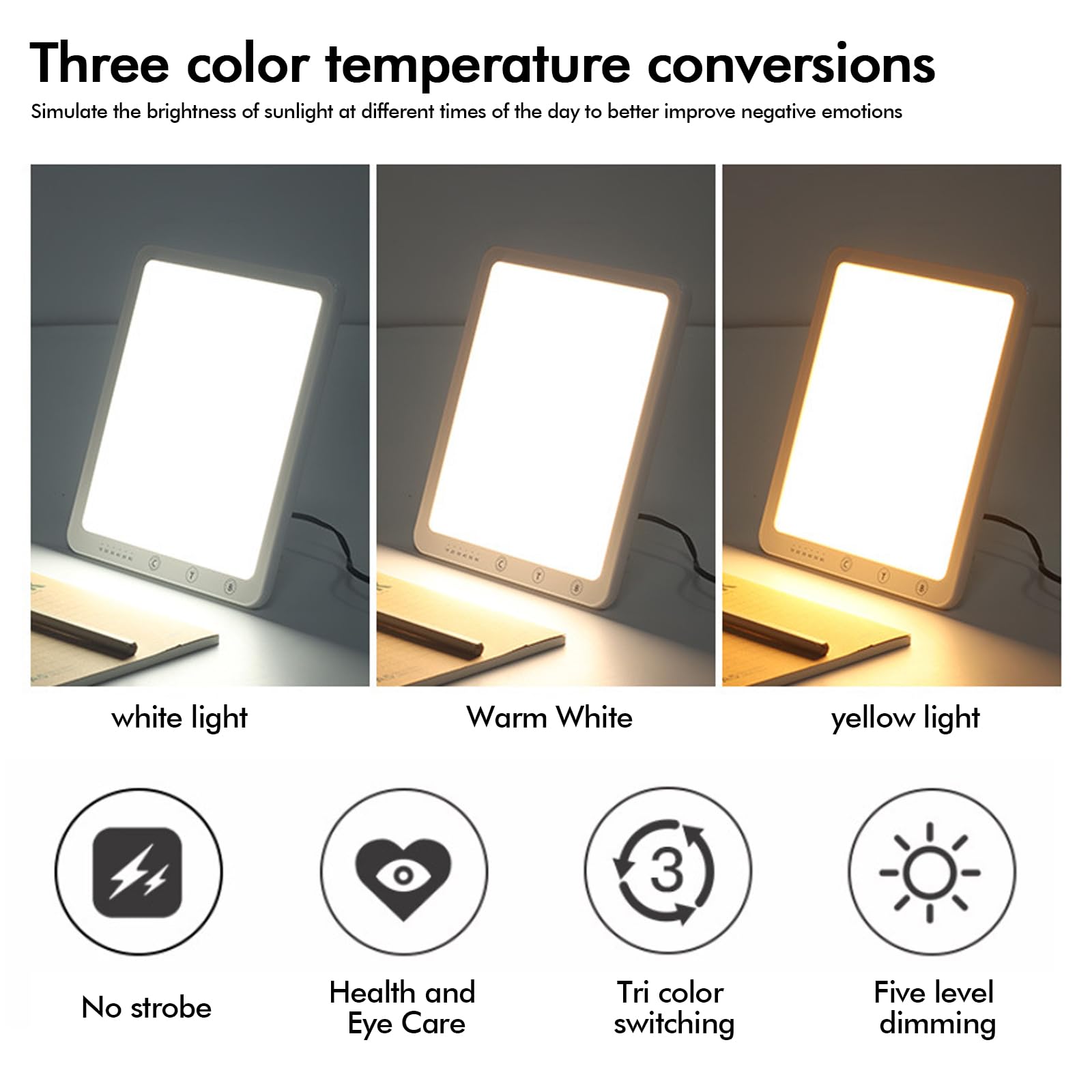 Lámpara De Luminoterapia, Sin Uv Lámpara De Luz De Día, Luz De Simulación De Día, Lámpara Luminoterapia Con 3 Temperaturas De Color Y 6 Temporizador Potente Para Moral(Blanco)