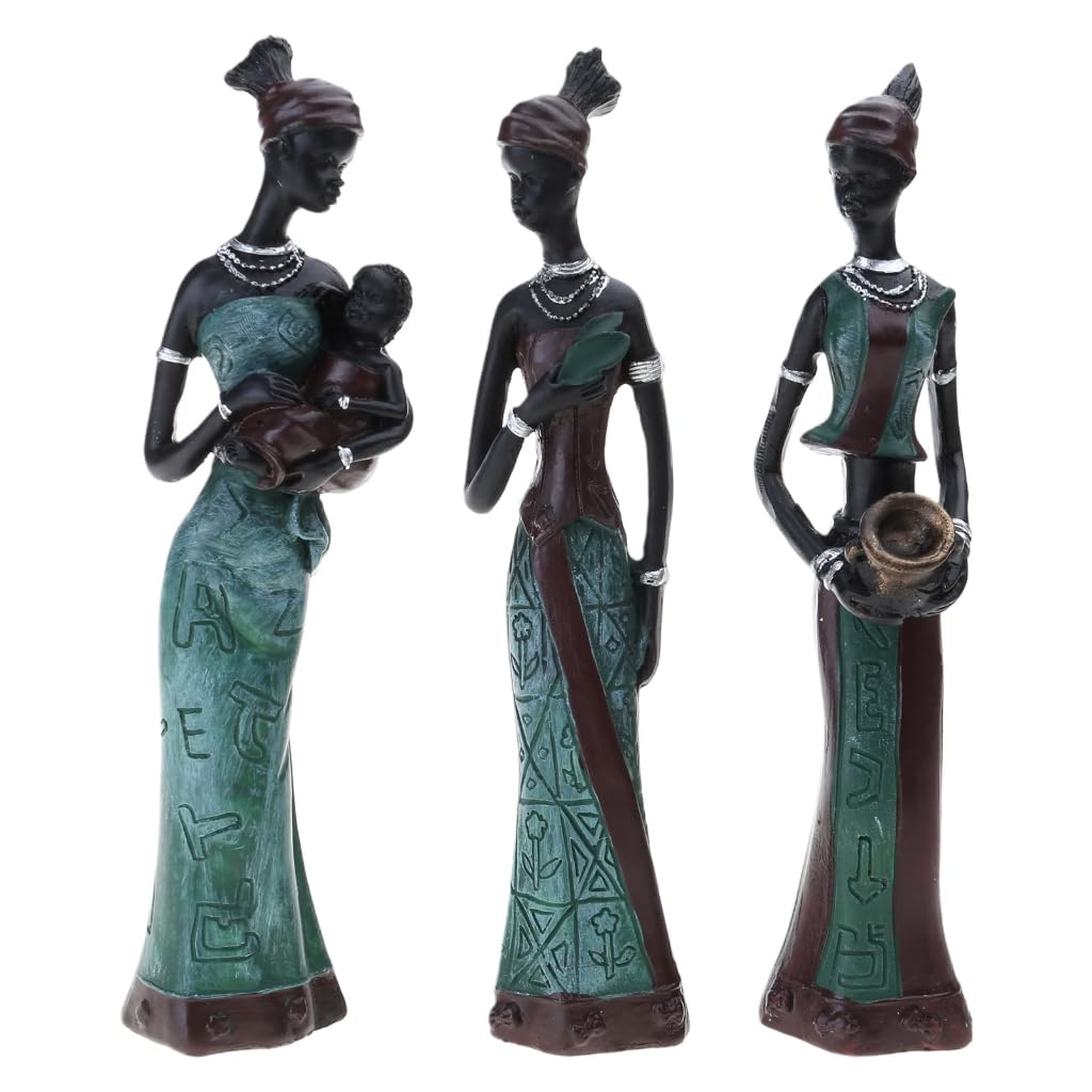 yanwuwa 3Pcs Vintage African Woman Statue Resins Sculpture Exotic Tribal Lady Figurine African Art Ornament Home Desktops Decors