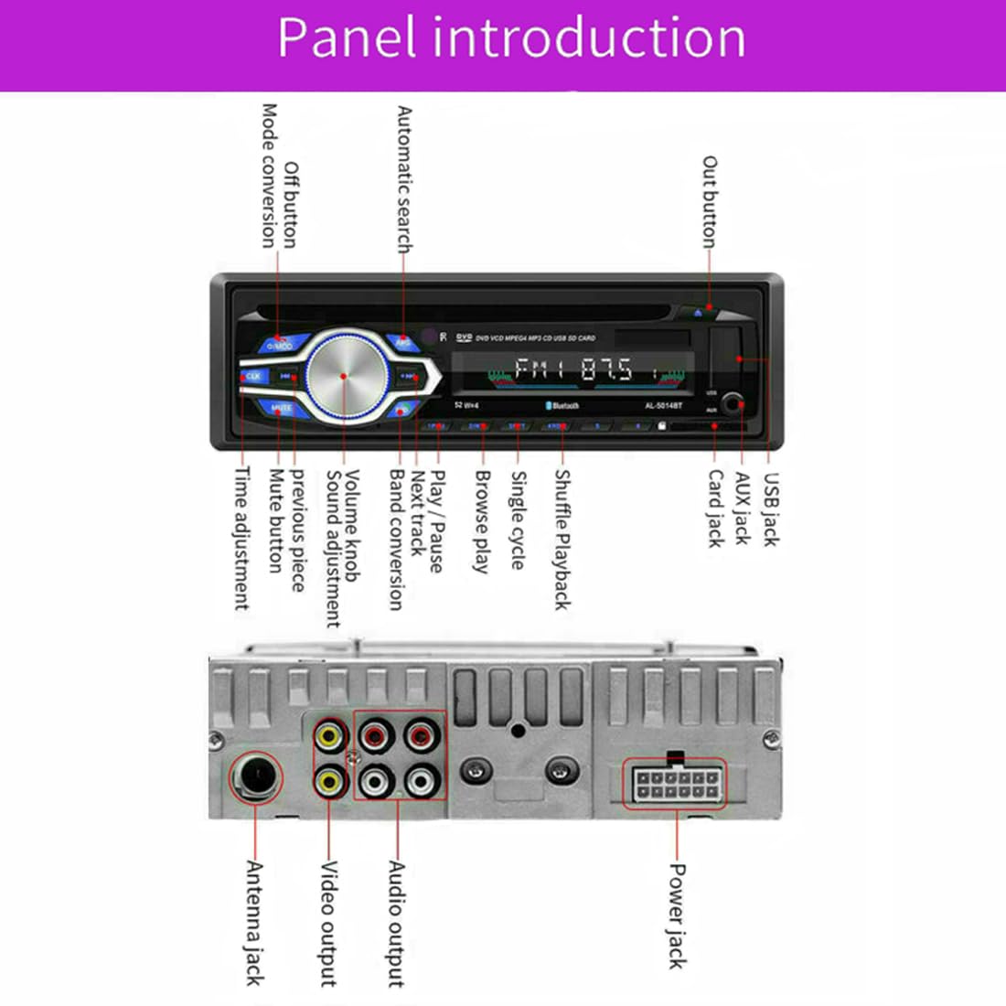 Autoradio sans Fil Bluetooth Lecteur CD DVD MP3 Stéréo Voiture Mains Libres Autoradio Audio Radio 5014 Voiture-Style avec Télécommande 1 Din 12V